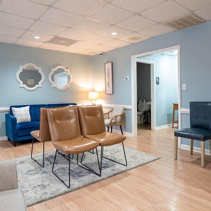The waiting area inside the Whiteville Family and Cosmetic Dentistry dental office.